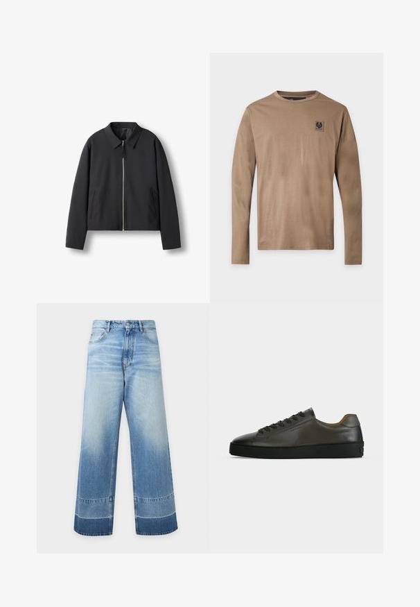 Veste noire zippée avec col et deux poches latérales verticales, présentée à plat sur fond blanc.; T-shirt beige à manches longues avec un col rond, avec un petit patch logo carré noir sur la partie gauche de la poitrine, sur un fond uni.; Jean en denim bleu clair à coupe large avec des détails délavés et des blocs de couleur plus foncés près de l'ourlet, bouton devant et poches visibles.; Basket basse en cuir gris foncé avec lacets et semelle noirs, design minimaliste, profil latéral sur un fond clair uni.