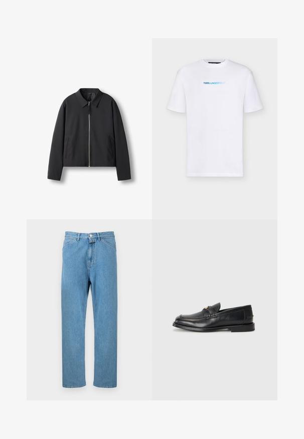 Veste noire zippée avec col et deux poches latérales verticales, présentée à plat sur fond blanc.; T-shirt blanc manches courtes avec le logo "KARL LAGERFELD" en dégradé bleu centré sur la poitrine, fond uni.; Jean en denim bleu clair avec une coupe droite, un style cinq poches et une fermeture par bouton à la taille. Aucun motif ni ornement visible.; Des mocassins en cuir noir présentent un bout arrondi, des détails cousus et un petit accent doré à l'avant. La semelle est plate et discrète.