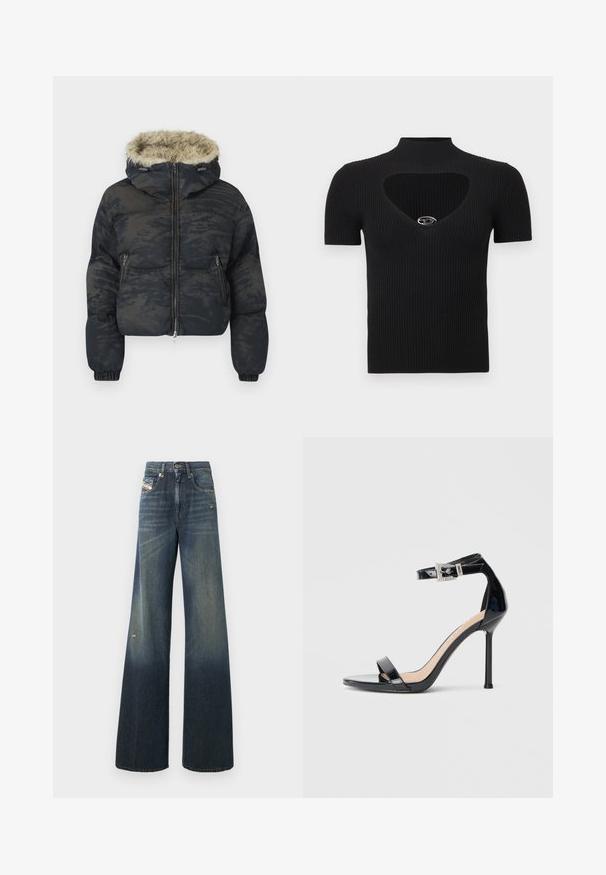 Chaqueta acolchada en azul oscuro con un acabado texturizado y con patrón. Cuenta con capucha forrada de piel, cierre de cremallera y puños elásticos.; Top negro de punto acanalado con cuello alto y escote en forma de corazón. Presenta mangas cortas y un accesorio plateado en el cuello.; Vaqueros de pierna ancha en azul oscuro con acabado desteñido, que presentan una rodilla desgastada y un diseño clásico de cinco bolsillos con una etiqueta.; Sandalia de tacón alto en piel sintética negra con correa en el tobillo. Presenta un diseño minimalista, punta abierta y una hebilla con detalles de pedrería.
