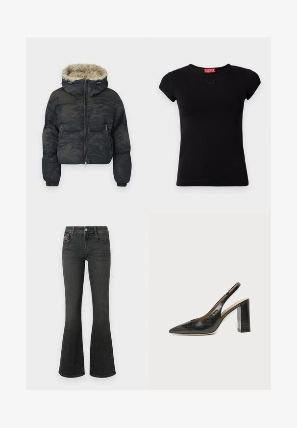 Dunkelblaue Pufferjacke mit strukturiertem, gemustertem Finish. Verfügt über eine mit Fell gefütterte Kapuze, einen Reißverschluss und elastische Bündchen.; Schwarzes kurzärmeliges T-Shirt aus Baumwolle. Verfügt über einen runden Halsausschnitt und ein kleines geprägtes Logo auf der Vorderseite. Glatte Textur.; Schwarze, ausgestellte Jeans aus Denim mit mittelhohem Bund, Fünf-Taschen-Design und Ziernähten an den Taschen. Glatte Textur mit leichtem Glanz.; Schwarzer Leder-Slingback-Schuh mit spitzer Kappe, hohem Blockabsatz und beigegefüttertem Innenraum vor hellem, einfarbigem Hintergrund.