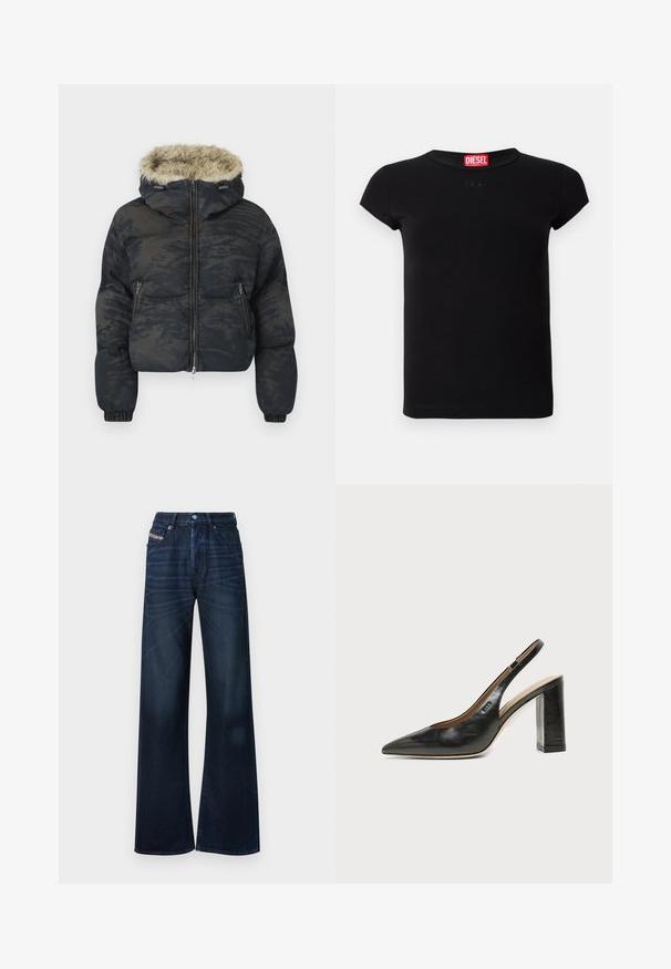 Chaqueta acolchada en azul oscuro con un acabado texturizado y con patrón. Cuenta con capucha forrada de piel, cierre de cremallera y puños elásticos.; Camiseta ajustada de manga corta negra con cuello redondo y etiqueta roja de Diesel dentro del cuello.; Vaqueros de pierna ancha en color azul oscuro hechos de mezclilla. Presentan un cierre de botón, diseño de cinco bolsillos y un sutil desvanecimiento en la parte frontal.; Zapato slingback de piel negra con puntera puntiaguda, tacón alto y ancho, y forro interior beige sobre un fondo claro y liso.