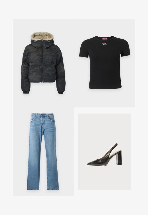 Chaqueta acolchada en azul oscuro con un acabado texturizado y con patrón. Cuenta con capucha forrada de piel, cierre de cremallera y puños elásticos.; Camiseta negra de canalé con mangas cortas, con escote redondo y un pequeño detalle de logo plateado en el centro delanero.; Jeans de mezclilla azul claro con un diseño de pierna recta, que presentan una cintura estándar, cinco bolsillos y un desvanecimiento sutil en la tela.; Zapato de mujer tipo slingback en piel negra con puntera puntiaguda y tacón grueso alto de bloque sobre fondo blanco.