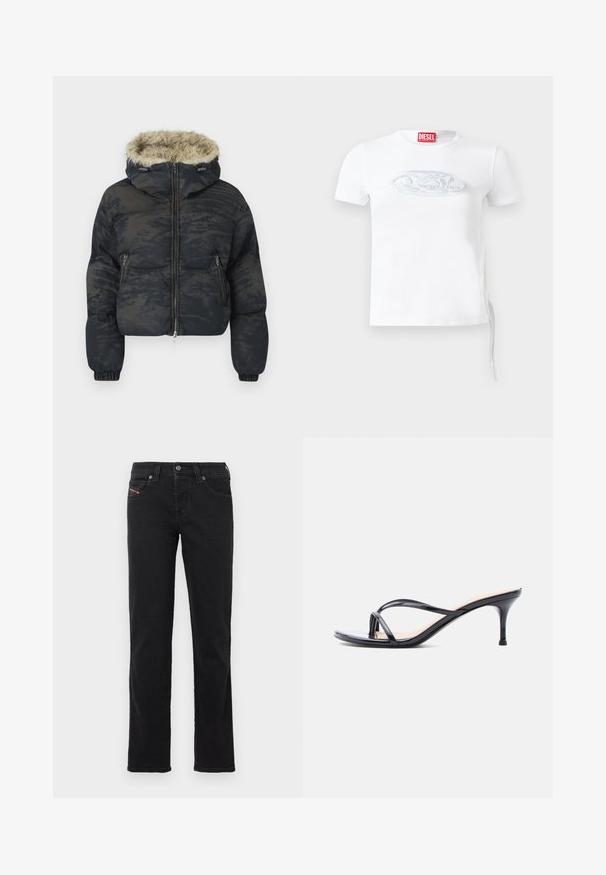 Dunkelblaue Pufferjacke mit strukturiertem, gemustertem Finish. Verfügt über eine mit Fell gefütterte Kapuze, einen Reißverschluss und elastische Bündchen.; Weißes kurzärmeliges T-Shirt aus Baumwolle mit einem dezenten, in Blau-Grau geprägten Logo auf der Brust und einer seitlichen Kordelzug-Detail.; Schwarze Jeans aus Denim mit geradem Schnitt, ausgestattet mit einem vorderen Knopfverschluss, fünf Taschen und dezenten Steppnähten.; Schwarze Peeptoe-Sandale aus Lackleder mit dünnen, gekreuzten Riemen und einem schlanken, mittelhohen Stilettoabsatz vor weißem Hintergrund.