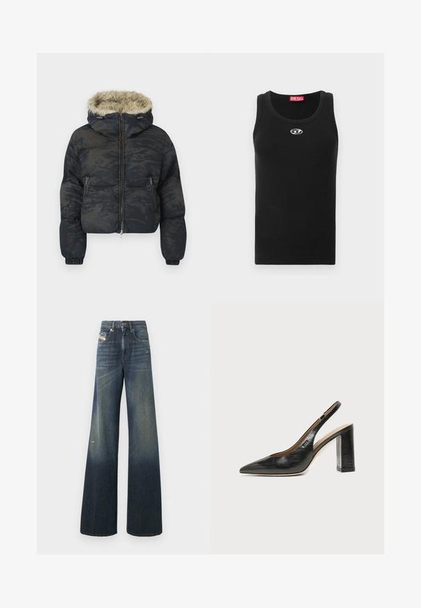 Chaqueta acolchada en azul oscuro con un acabado texturizado y con patrón. Cuenta con capucha forrada de piel, cierre de cremallera y puños elásticos.; Camiseta sin mangas negra de tela de algodón con cuello redondo, diseño sin mangas y un pequeño logo blanco en la zona del pecho.; Vaqueros de pierna ancha en azul oscuro con acabado desteñido, que presentan una rodilla desgastada y un diseño clásico de cinco bolsillos con una etiqueta.; Zapato slingback de piel negra con puntera puntiaguda, tacón alto y ancho, y forro interior beige sobre un fondo claro y liso.