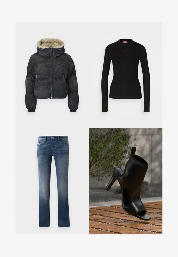 Chaqueta acolchada en azul oscuro con un acabado texturizado y con patrón. Cuenta con capucha forrada de piel, cierre de cremallera y puños elásticos.; Top negro de manga larga confeccionado en tejido de canalé, con cuello redondo y un pequeño logo rojo de Diesel bordado en el pecho.; Jeans de denim azul oscuro con un diseño de pierna recta, que presentan un ligero desgaste en los muslos y un estilo clásico de cinco bolsillos.; Zapato mule negro de tacón alto con punta abierta y laterales recortados, mostrado al aire libre sobre listones de madera con follaje verde desenfocado al fondo.