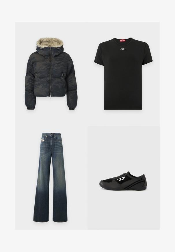 Donsjack in donkerblauw met een gestructureerde, geprinte afwerking. Beschikt over een bontvoering capuchon, ritssluiting en elastische manchetten.; Zwart katoenen T-shirt met ronde hals, korte mouwen en een klein wit Diesel-logo op de borst; gladde textuur, klassieke pasvorm.; Wijde spijkerbroeken in donkerblauw met een vervaagde afwerking, voorzien van een versleten knie en een klassiek ontwerp met vijf zakken en een label.; Zwarte sportschoenen met bovenwerk van suède en synthetisch materiaal, met een gestructureerd ontwerp, afgeronde neus en een platte zool. Zilveren logo-accent aan de zijkant.