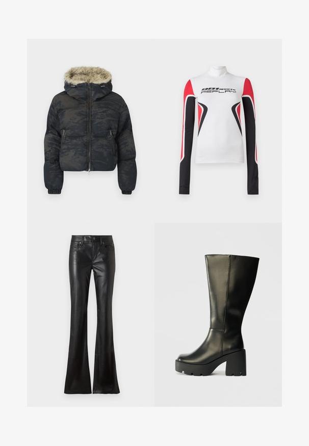 Chaqueta acolchada en azul oscuro con un acabado texturizado y con patrón. Cuenta con capucha forrada de piel, cierre de cremallera y puños elásticos.; Camiseta deportiva de manga larga blanca con patrones geométricos en rojo y negro y el texto "981 sports REPLAY" en el frente, con un cuello alto.; Pantalones negros de cuero sintético con estilo de cinco bolsillos y perneras acampanadas, con cierre frontal de botón y cremallera.; Bota de cuero negra hasta la rodilla con un tacón de plataforma chunky texturizado negro. Presenta una superficie lisa y un diseño vertical elegante.
