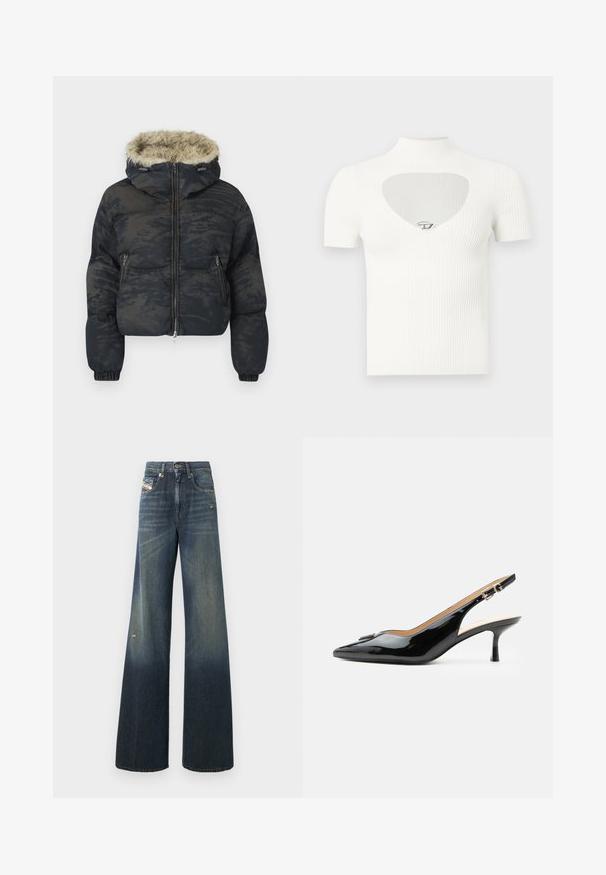 Chaqueta acolchada en azul oscuro con un acabado texturizado y con patrón. Cuenta con capucha forrada de piel, cierre de cremallera y puños elásticos.; Top blanco de manga corta con textura acanalada, cuello alto simulado y un corte en forma de corazón en el pecho, con un detalle plateado en el centro.; Vaqueros de pierna ancha en azul oscuro con acabado desteñido, que presentan una rodilla desgastada y un diseño clásico de cinco bolsillos con una etiqueta.; Tacón slingback de charol negro con puntera puntiaguda, tacón pequeño tipo kitten y correa con hebilla plateada sobre un fondo blanco liso.