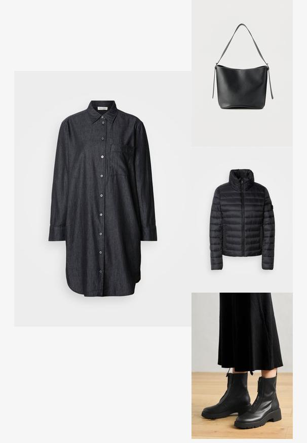 Chaqueta acolchada negra con cuello alto, que presenta paneles acolchados, un cierre frontal y bolsillos laterales elásticos. Diseño ligero y compacto.; Camisa de mezclilla oscura con botones en la parte delantera, cuello pointed, mangas largas, un bolsillo en el pecho y dobladillo curvado. Textura suave.; Botas de tobillo de cuero negro con suela de plataforma gruesa y cremallera delantera. Textura suave con un diseño minimalista.; Bolso de hombro de cuero negro con una sola correa ancha y herrajes plateados sutiles sobre un fondo blanco liso.