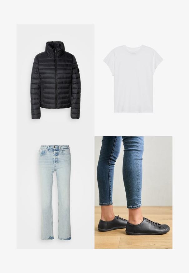 Chaqueta acolchada negra con cuello alto, que presenta paneles acolchados, un cierre frontal y bolsillos laterales elásticos. Diseño ligero y compacto.; Camiseta blanca de manga corta con cuello redondo, corte relajado, hecha de suave tela de algodón. Textura lisa, sin estampados ni logotipos.; Tejanos de mezclilla azul claro con corte recto, cintura alta, cinco bolsillos y cierre de botón. Lavado desgastado con sutiles detalles de desvanecimiento.; Zapatos de cuero negro con puntera redondeada, perfil bajo y diseño de cordones. Combinados con jeans ajustados azules y un fondo de suelo de madera.