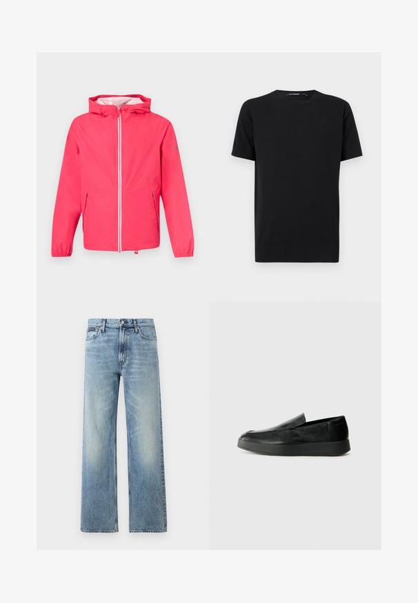 Veste à capuche rose vif avec fermeture éclair à l'avant, poignets élastiques, poches latérales et ourlet à cordon de serrage sur un fond clair.; T-shirt noir à manches courtes avec col rond, ourlet droit et logo subtil sur la poitrine, sur fond uni.; Jean droit en denim bleu clair avec taille haute, cinq poches, fermeture à boutons et léger délavage sur les cuisses et les genoux.; Calvin Klein HYBRID CUP - Chaussons - triple black
