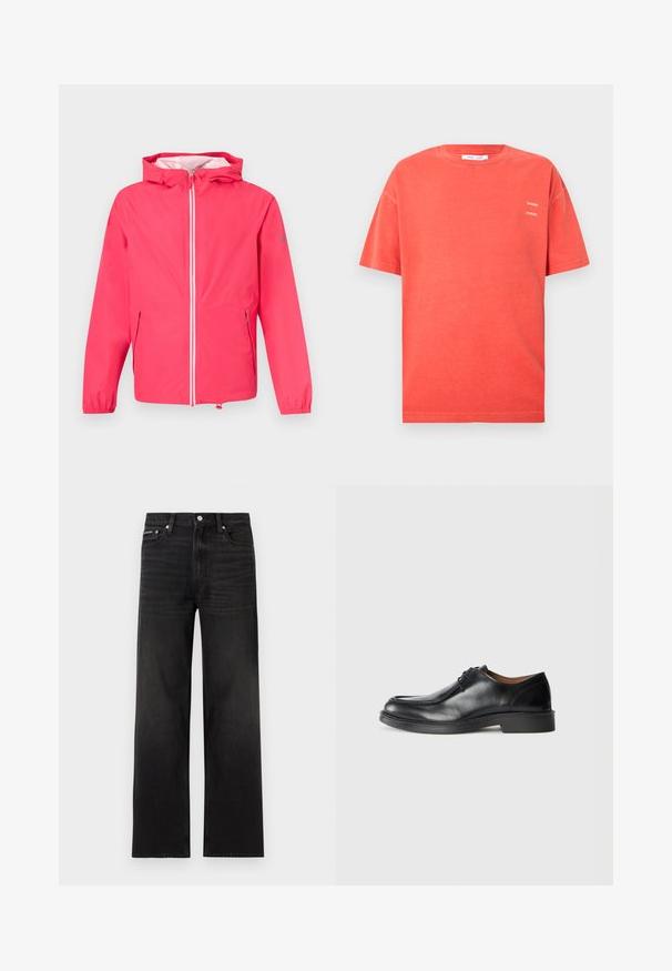 Veste à capuche rose vif avec fermeture éclair à l'avant, poignets élastiques, poches latérales et ourlet à cordon de serrage sur un fond clair.; T-shirt en coton rouge corail à manches courtes avec col rond, coupe décontractée, et petit logo blanc « SAMSØE » imprimé deux fois sur le côté gauche de la poitrine.; Jean noir droit avec cinq poches, passants pour ceinture et fermeture par bouton, présenté sur un fond blanc.; Chaussure de ville en cuir noir avec un bout arrondi, surface lisse, détails en dentelle et une semelle en caoutchouc texturée basse. Lignes épurées et design minimal.