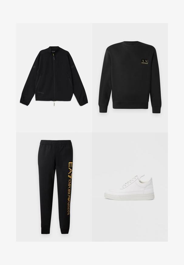 Sort sammenfoldelig jakke lavet af letvægtsmateriale, med lynlås foran, sidelommer og logo-detaljer i grå og grøn.; Sort langærmet crewneck sweatshirt med lille beige Armani Exchange-logo på venstre bryst.; Sorte sweatpants med elastisk talje og afsluttede ben. Udstyret med et lodret guld logo tryk på venstre ben. Fremstillet af blødt stof.; Hvid lædersneaker med rundet tå, flad sål og snørebånd foran. Har syningsdetaljer og polstret krave for komfort.