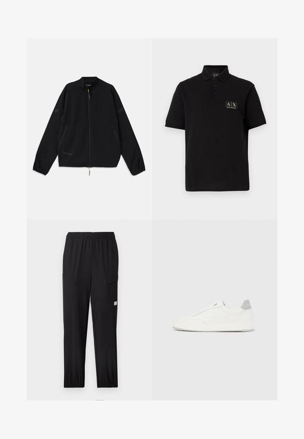 Sort sammenfoldelig jakke lavet af letvægtsmateriale, med lynlås foran, sidelommer og logo-detaljer i grå og grøn.; Sort polo-shirt lavet af bomuld, med klassisk krave, tre knapper og en rektangulær logoapplikation i guld og sort.; Sorte cargobukser med elastisk talje, to sidelommer og opsmøgede manchetter. Fremstillet af let, åndbart stof.; Hvid lavtop-sneaker med gråt hælflig, hvide snørebånd og tekstureret sål, vist på en ensfarvet lys baggrund.