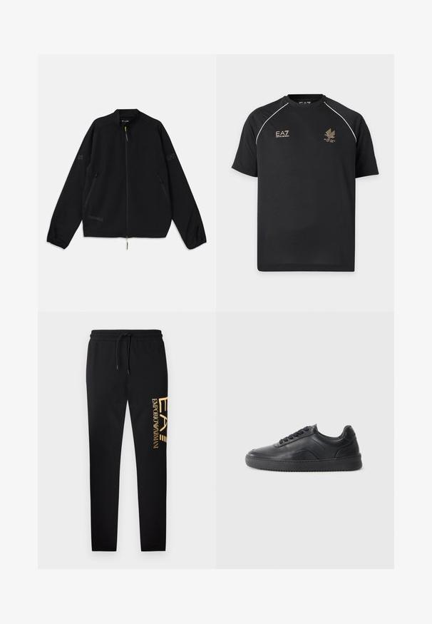 Zwarte opvouwbare jas van lichtgewicht materiaal, met een rits aan de voorkant, zijzakken en logo-accenten in grijs en groen.; Zwarte sport-T-shirt met korte mouwen, witte bies op de schouders en gouden EA7 Emporio Armani en Milano Italia-logo's op de borst.; Zwarte sweatpants met een comfortabele pasvorm, voorzien van een gouden logoprint "EA" en "EMPORIO ARMANI" aan de linkerkant, met een elastische tailleband.; Zwarte leren sneaker met een gladde afwerking, ronde neus, textuurpaneel aan de zijkant en zwarte veters. Voorzien van een platte rubberen zool en een minimalistisch ontwerp.
