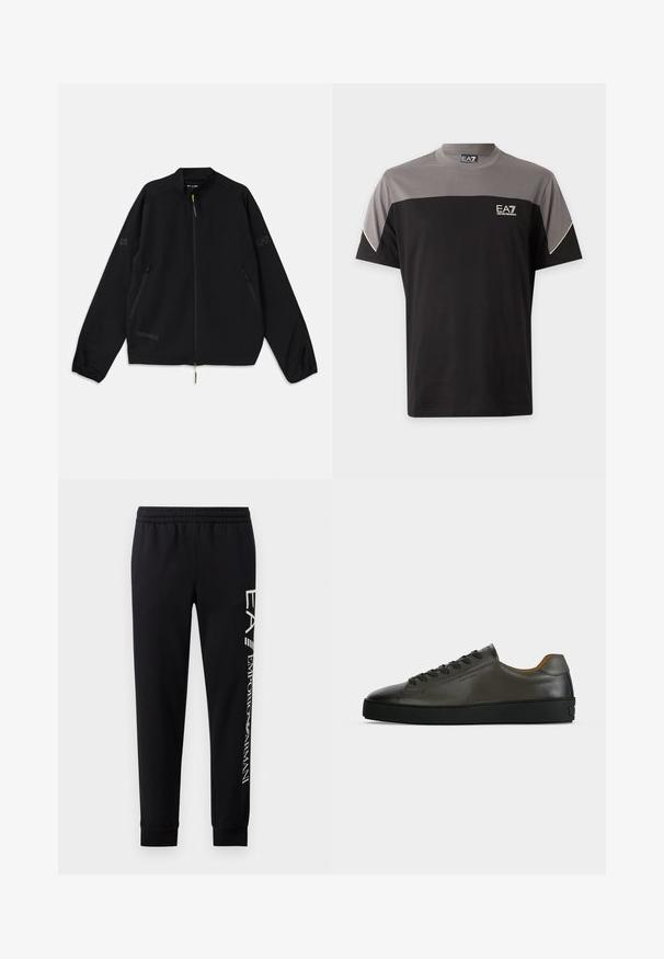 Sort sammenfoldelig jakke lavet af letvægtsmateriale, med lynlås foran, sidelommer og logo-detaljer i grå og grøn.; Sort og grå EA7 Emporio Armani T-shirt med korte ærmer, logo på brystet og hvid kant på ærmerne.; Sorte sweatpants lavet af en bomuldsblanding, med elastisk talje, smalle ben, ribbede manchetter og hvidt logo print langs siden.; Lavtskåret mørkegrå læder sneaker med sorte snørebånd og sål, minimalistisk design, sideprofil på en ensfarvet lys baggrund.