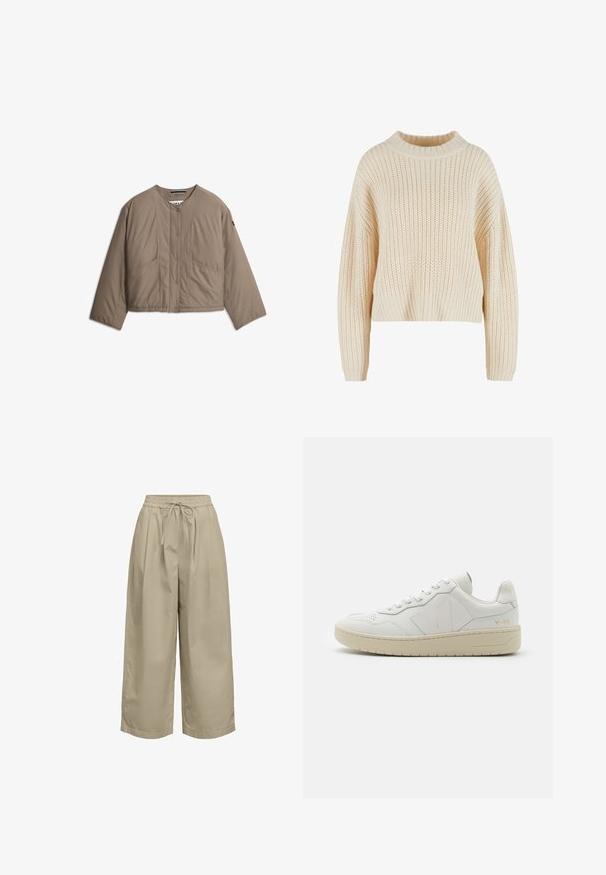Veste matelassée légère couleur taupe avec boutons-pression, encolure ronde, deux poches avant et manches longues.; Pull en tricot crème avec un col haut en côtes, des manches larges et un motif texturé sur l'ensemble. Design court avec un ourlet en côtes.; Pantalon beige court, coupe ample, avec taille élastique et cordelette, en tissu léger.; Baskets en cuir blanc avec une boîte à orteils perforée, semelle en caoutchouc beige contrastante et accents de logo sur le côté et le talon. Design minimaliste.