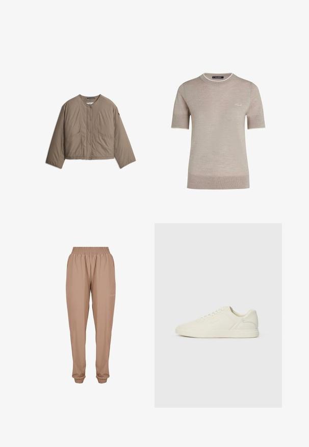 Veste matelassée légère couleur taupe avec boutons-pression, encolure ronde, deux poches avant et manches longues.; Pull en maille beige à manches courtes avec col rond et bordure blanche subtile, avec une petite broderie blanche "Karl" sur la poitrine.; Pantalons de jogging beige avec une taille élastique, des poignets aux chevilles et un tissu léger et lisse avec un discret logo sur le côté.; Basket en cuir blanc avec bout arrondi, lacets à l'avant, design minimaliste et subtil marquage sur le côté. Semelle plate en caoutchouc, texture lisse.