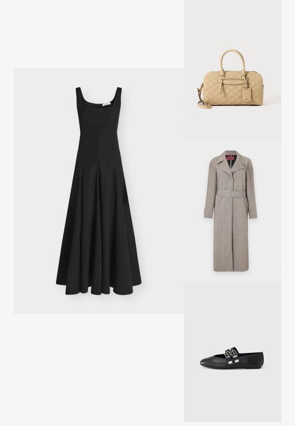 Longue trench-coat beige en tissu texturé. Comprend un col à revers, une taille ceinturée et des poches latérales. Lignes épurées et design minimaliste.; Robe longue noire sans manches avec un décolleté carré et un corsage ajusté s'évasant en une jupe large, présentée sur un fond clair uni.; Chaussure plate en cuir noir avec bout pointu et deux brides avec boucles argentées sur le dessus, photographiée sur un fond clair uni.; Sac à main beige Michael Kors avec motif MK embossé, doubles poignées, poche avant zippée et bandoulière amovible sur fond blanc.