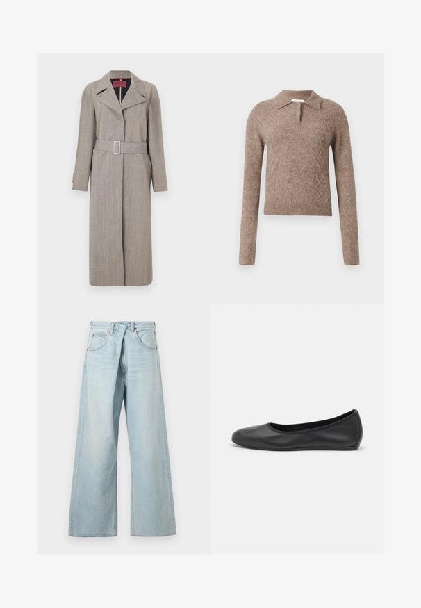 Longue trench-coat beige en tissu texturé. Comprend un col à revers, une taille ceinturée et des poches latérales. Lignes épurées et design minimaliste.; Pull en laine marron avec un col, présentant un motif en losanges et des manches longues, terminé par des poignets et un ourlet côtelés.; Jean denim bleu clair à jambes larges avec passants de ceinture et poches avant, présenté de face sur un fond uni.; Ballerines en cuir noir avec un bout rond, texture lisse, détails de couture minimalistes et design de semelle flexible.