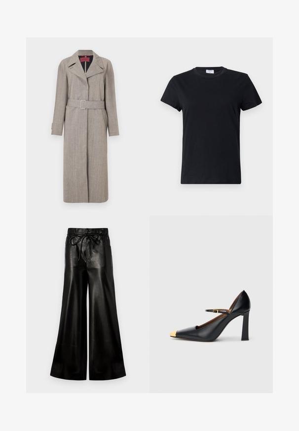 Longue trench-coat beige en tissu texturé. Comprend un col à revers, une taille ceinturée et des poches latérales. Lignes épurées et design minimaliste.; T-shirt noir à manches courtes en coton, avec un col rond et une texture simple et lisse, sans motif imprimé ni accents.; Pantalons larges en cuir noir avec une taille à cordon de serrage. Texture lisse, taille haute, coupe décontractée, dotés de poches latérales et d'une fermeture à bouton.; Escarpin en cuir noir avec une pointe pointue et un embout doré texturé. Il présente un talon bloc épais et une fine bride de cheville avec une boucle.