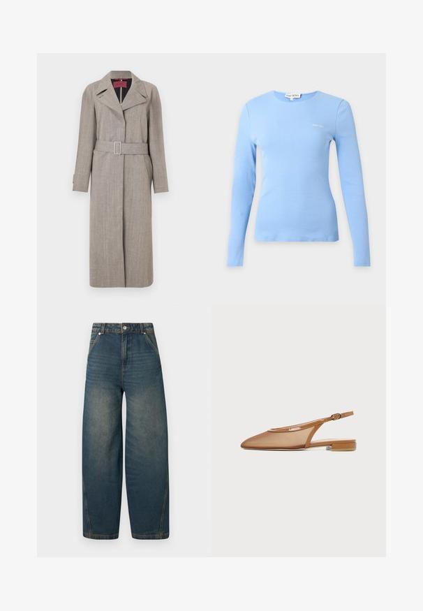 Longue trench-coat beige en tissu texturé. Comprend un col à revers, une taille ceinturée et des poches latérales. Lignes épurées et design minimaliste.; Haut bleu clair en maille côtelée à manches longues, col rond et petit logo blanc "Stine Goya" sur la poitrine.; Jean en denim bleu à taille haute et jambes larges avec poches avant et fermeture par bouton, présentant des détails décolorés sur les cuisses et les coutures.; Chaussure plate à bride arrière marron avec bout pointu, fine bride avec boucle et petit talon bloc sur fond blanc.