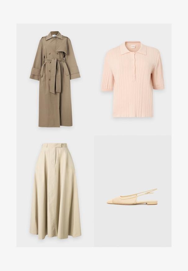 Long manteau trench beige avec boutons croisés, ceinture à la taille, larges poignets et épaulettes sur un fond uni.; Polo en maille rose pâle à manches courtes avec texture côtelée, patte de boutonnage à trois boutons et col doux. Tissu lisse, coupe décontractée.; Jupe midi beige coupe trapèze avec une taille haute, une fermeture avant dissimulée et des détails de couture subtils, présentée sur un fond uni.; Chaussure plate slingback en beige clair avec une tige en maille, un bout pointu et un petit talon. Dotée d'une sangle ajustable pour un bon maintien.