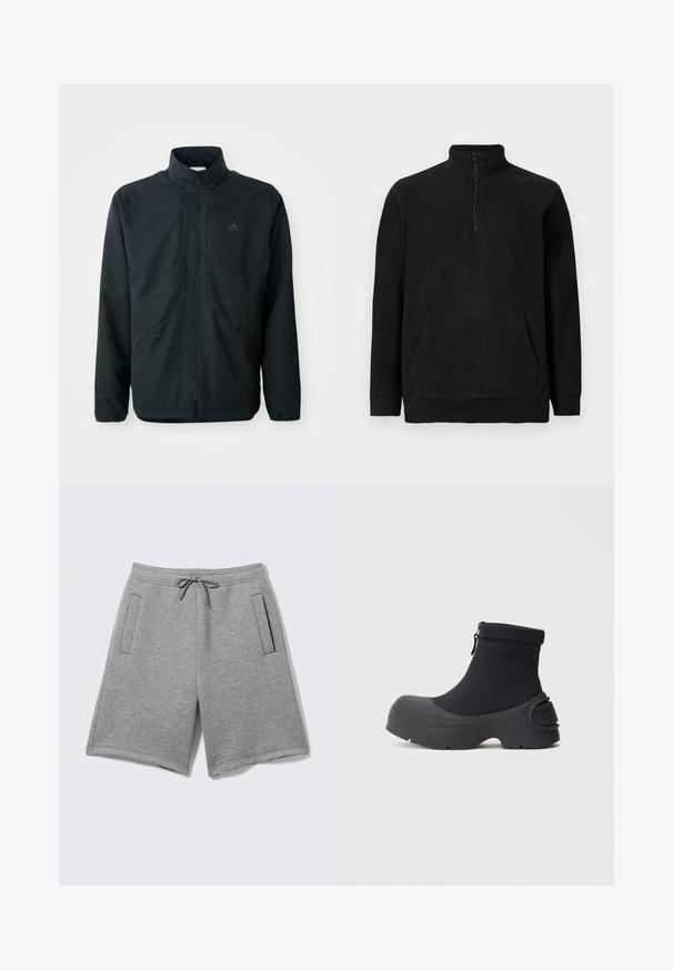 Zwarte, lichte jas met een hoge hals, ritsluiting en subtiele textuurpatroon. Voorzien van verstelbare trekkoorden en zijzakken.; Zwarte fleece pullover met halfrits, hoge kraag, kangaroozak en geribde manchetten en onderrand, gepresenteerd op een effen achtergrond.; Lichtgrijze casual shorts met een verstelbare tailleband met koord en twee verticale zijzakken op een effen achtergrond.; Zwarte waterdichte enkellaarzen met een glad, rekbaar bovenwerk, gevormde rubberen zool en een zijrits; opvallend breed, afgerond teenontwerp.