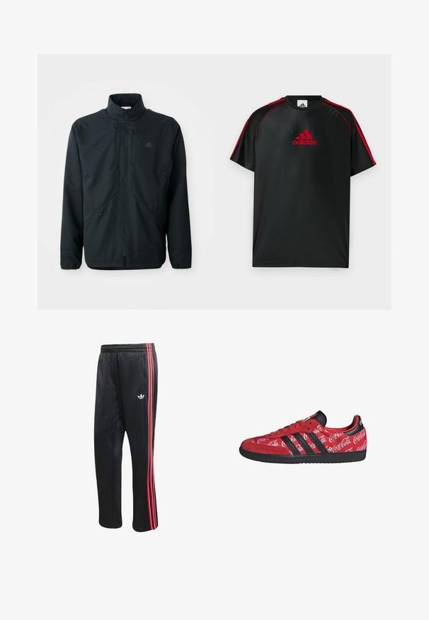 Schwarze, leichte Jacke mit hohem Kragen, Reißverschluss und feinem Strukturmuster. Verfügt über verstellbare Kordelzüge und Seitentaschen.; Schwarzes Sport-T-Shirt mit roten Akzenten und Logo. Hergestellt aus glattem, leichtem Stoff. Verfügt über einen Rundhalsausschnitt und kurze Ärmel.; Schwarze Jogginghose mit vertikaler Rippstruktur, ausgestattet mit roten und weißen Seitenstreifen sowie einem kleinen weißen Logo am linken Bein.; Roter Adidas Sneaker mit schwarzen Streifen und Sohle, mit weißen Coca-Cola-Logos auf dem gesamten Stoffoberteil.