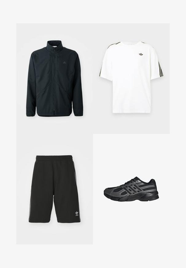 Zwarte, lichte jas met een hoge hals, ritsluiting en subtiele textuurpatroon. Voorzien van verstelbare trekkoorden en zijzakken.; Witte katoenen t-shirt met korte mouwen, voorzien van zwarte drie-strepen accenten op de schouders en een klein zwart logo op de borst.; Zwarte shorts van een katoenmix met een elastische tailleband, voorzien van witte zijkanten en een klein logo aan de onderlinkerkant.; Zwarte sportschoenen gemaakt van mesh en synthetische materialen, met een getextureerd oppervlak, meerdere grijze strepen en een gevoerde kraag.