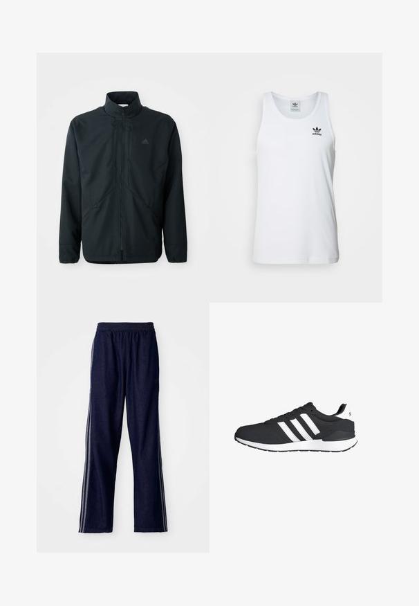 Sort, letvægtsjakke med høj hals, lynlås foran og subtilt struktureret mønster. Har justerbare snore og sidelommer.; Hvid ribbet tanktop med rund halsudskæring, sort Adidas-logo på venstre bryst og uden ærmer. Blødt bommateriale, afslappet pasform.; Mørkeblå træningsbukser med elastisk talje, der har tre hvide sidestriber og en lige benudskæring. Blød denimtekstur.; Sorte sportsko med hvide striber, lavet af mesh og syntetisk materiale, med en gummisål og polstret krave for komfort.