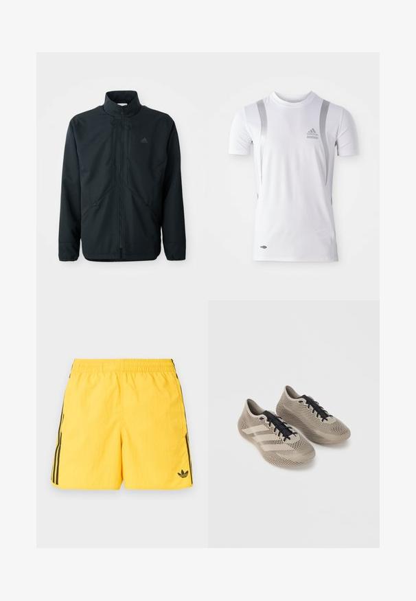 Sort, letvægtsjakke med høj hals, lynlås foran og subtilt struktureret mønster. Har justerbare snore og sidelommer.; Hvid kortærmet træningsskjorte med sølvdetaljer, med rund hals og et Adidas-logo på brystet. Lavet af fugttransporterende materiale.; Lysegule Adidas badeshorts med elastisk talje, sorte striber i siden, sidelommer og sort Adidas trefoil-logo på venstre ben.; Par beige sportssko med sorte snørebånd, med et tekstureret, stribet mønster og tre side striber på en ensfarvet baggrund.