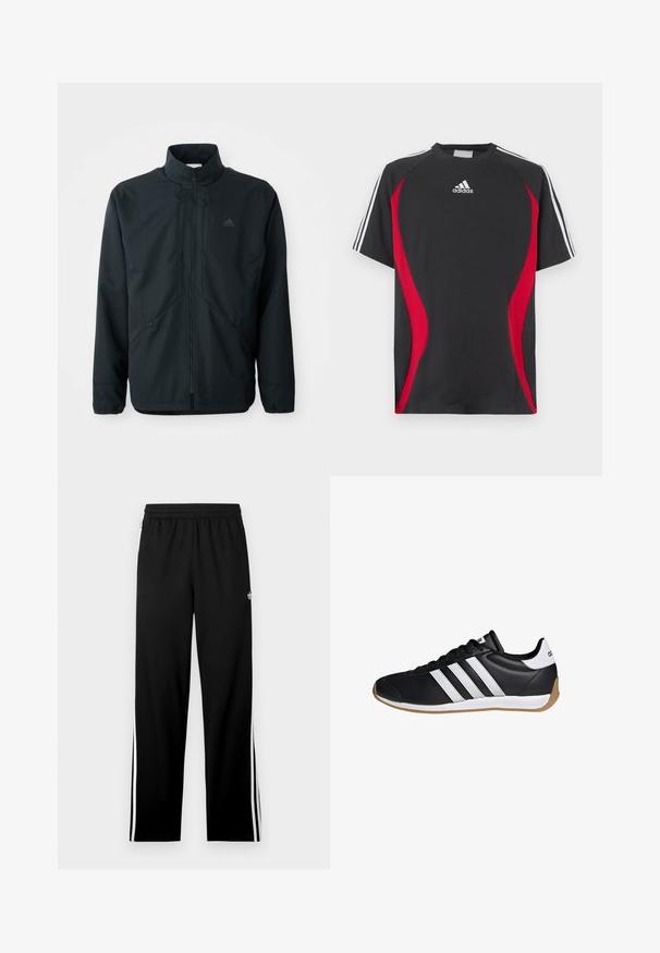 Schwarze, leichte Jacke mit hohem Kragen, Reißverschluss und feinem Strukturmuster. Verfügt über verstellbare Kordelzüge und Seitentaschen.; Schwarzes kurzärmeliges T-Shirt mit roten Seiteneinsätzen, weißem Adidas-Logo auf der Brust und weißen Schulterstreifen. Hergestellt aus einem glatten Stoff.; Schwarze Sporthose aus Mesh-Gewebe mit geradem Schnitt, elastischem Bund und weißen Seitenstreifen. Sportlogo sichtbar.; Schwarzer Low-Top-Sneaker mit weißen drei Streifen, schwarzen Schnürsenkeln, weißem Fersenlasche und gumifarbener Sohle, von der Seite betrachtet.