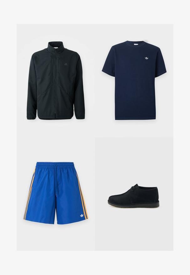 Zwarte, lichte jas met een hoge hals, ritsluiting en subtiele textuurpatroon. Voorzien van verstelbare trekkoorden en zijzakken.; Donkerblauw geribbeld T-shirt met korte mouwen, ronde hals en klein wit Adidas Trefoil-logo op de linkerborst.; Blauwe sportshorts met elastische tailleband, oranje zijstrepen en een klein wit Adidas-logo op het linkerbeen.; Zwarte suède lage veterboot met crêpezool, zijaanzicht op een lichtgrijze achtergrond.