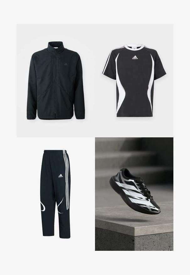 Schwarze, leichte Jacke mit hohem Kragen, Reißverschluss und feinem Strukturmuster. Verfügt über verstellbare Kordelzüge und Seitentaschen.; Schwarzes kurzärmeliges T-Shirt mit weißen Designakzenten und Adidas-Logo auf der Brust. Hergestellt aus weichem Baumwollmaterial mit Rundhalsausschnitt.; Schwarze Jogginghosen mit weißen Streifen und Logo, ausgestattet mit einer lockeren Passform, elastischem Bund und geschwungenen weißen Mustern an den Seiten.; Schwarz-silberner Sportschuh mit weißen Streifen in der Luft über einer Betonkante, Treppenstufen im Hintergrund verschwommen.