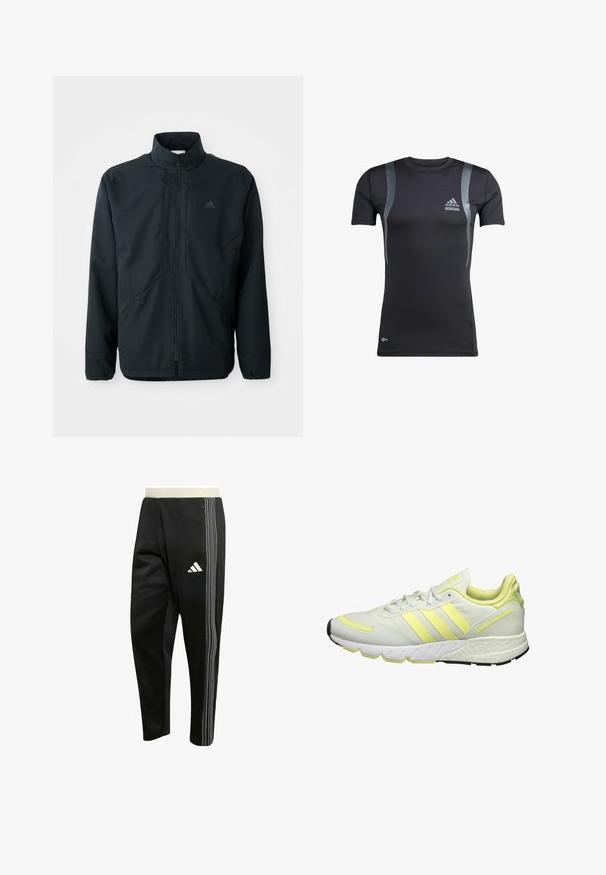 Schwarze, leichte Jacke mit hohem Kragen, Reißverschluss und feinem Strukturmuster. Verfügt über verstellbare Kordelzüge und Seitentaschen.; Schwarzes, kurzärmeliges Sportshirt mit grauen Akzenten, aus dehnbarem Material. Mit Adidas-Logo auf der linken Brust und Techfit-Branding.; Schwarze Sporthose mit weißen dreifachen Streifen an der Seite, Reißverschlusstasche und einem weißen Adidas-Logo am Oberschenkel.; Weiße Sportschuh mit gelben Akzenten, ausgestattet mit einem glatten Obermaterial, einer strukturierten Sohle und drei Streifen an der Seite zur Markenkennzeichnung.