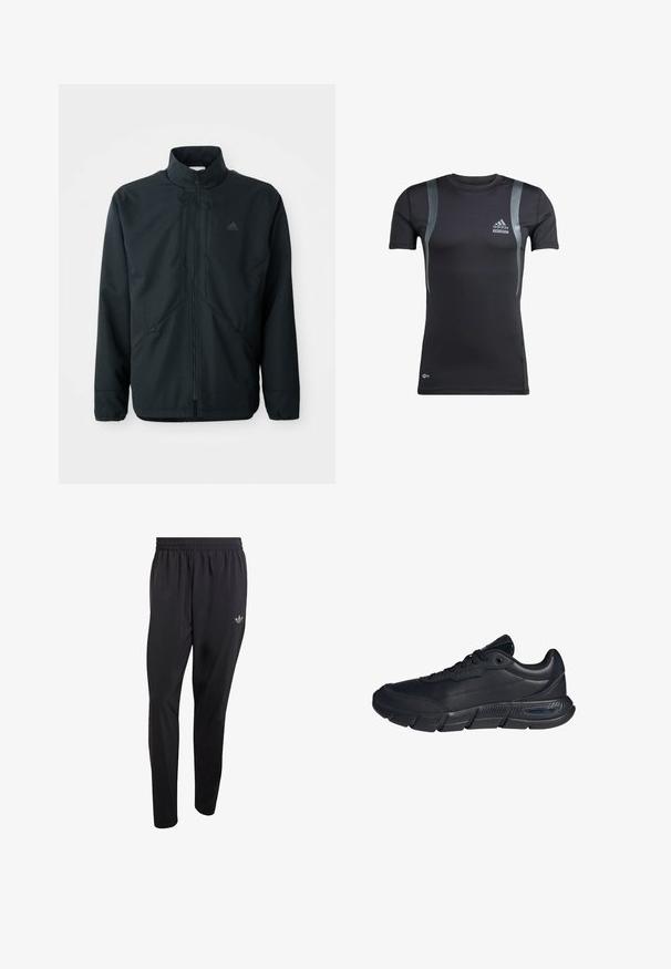Schwarze, leichte Jacke mit hohem Kragen, Reißverschluss und feinem Strukturmuster. Verfügt über verstellbare Kordelzüge und Seitentaschen.; Schwarzes, kurzärmeliges Sportshirt mit grauen Akzenten, aus dehnbarem Material. Mit Adidas-Logo auf der linken Brust und Techfit-Branding.; Schwarze Sporthose aus leichtem Material mit elastischem Bund und einem kleinen eingeprägten Logo im oberen linken Beinbereich.; Schwarzer Sneaker mit niedrigem Schaft, gepolstertem Kragen, profilierter Sohle, Schnürung vorne und „Cloudfoam“-Markierung auf der Zwischensohle, Seitenansicht.