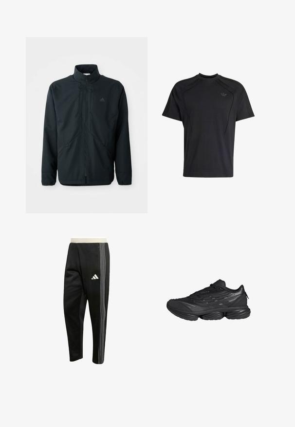 Veste noire légère avec un col montant, fermeture éclair et un motif texturé subtil. Comprend des cordons ajustables et des poches latérales.; T-shirt Adidas noir à manches courtes avec col rond, logo subtil sur la poitrine et empiècements cousus aux épaules et sur les côtés.; Pantalon de sport noir avec trois bandes blanches sur le côté, poche zippée et logo Adidas blanc sur la cuisse.; Chaussure de sport noire avec semelle segmentée épaisse, dessus texturé et fermeture à lacets, vue de côté sur fond blanc.