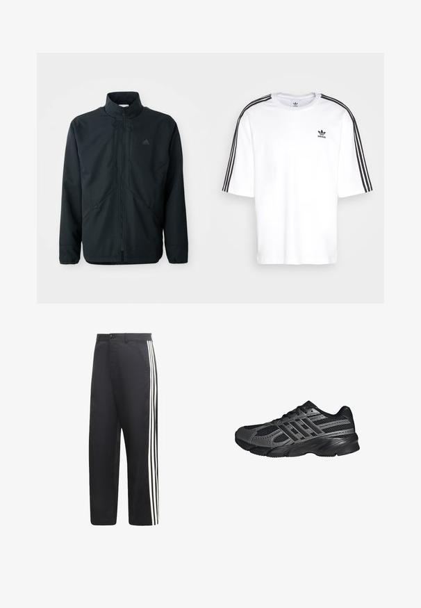 Schwarze, leichte Jacke mit hohem Kragen, Reißverschluss und feinem Strukturmuster. Verfügt über verstellbare Kordelzüge und Seitentaschen.; Weißes T-Shirt mit kurzen Ärmeln, schwarzen drei Streifen auf den Schultern und schwarzem Adidas-Logo auf der Brust. Aus weichem Baumwollmaterial.; Schwarze Hosen mit geradem Bein und drei weißen vertikalen Streifen an der Außenseite jedes Beins.; Schwarze Sportschuhe aus Netz- und synthetischem Material, mit einer strukturierten Oberfläche, mehreren grauen Streifen und einem gepolsterten Schaft.