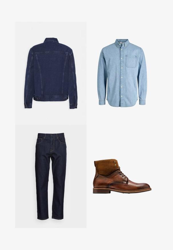 Donkerblauwe spijkerjasje met een gestructureerde kraag, zichtbare naden en knoopaccenten bij de manchetten en zoom. Gladde textuur en klassieke pasvorm.; Lichtblauw denim overhemd met knopen, lange mouwen, een kraag, een borstzakje en een subtiele textuur. Voorzien van witte knopen langs het knoopsluiting.; Donkerblauwe spijkerbroeken met een rechte snit, vijf zakken en contrasterende gele stiksels. Ontworpen met een klassieke knoop- en ritssluiting.; Kazar ALID - Veterboots - brown