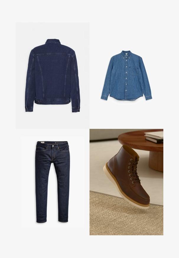 Veste en denim bleu foncé avec un col structuré, des coutures apparentes et des boutons décoratifs aux poignets et à l'ourlet. Texture lisse et coupe classique.; Chemise en denim bleu à manches longues avec un col pointu, des boutons blancs, une poche poitrine unique et un ourlet droit. Texture uniforme et poids moyen.; Jean en denim bleu foncé avec une coupe slim, présentant des coutures orange, un design à cinq poches et des accessoires en métal. Texture lisse, sans motifs.; Bottine en cuir marron avec semelle beige sur un tapis beige texturé à côté d'une table ronde en bois avec des livres empilés.