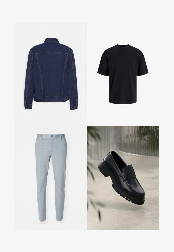 Veste en denim bleu foncé avec un col structuré, des coutures apparentes et des boutons décoratifs aux poignets et à l'ourlet. Texture lisse et coupe classique.; T-shirt en coton noir avec un col ras du cou, des manches courtes et une coupe décontractée. Texture lisse sans motifs ni accents visibles.; Pantalon bleu clair en tissu texturé, doté d'une fermeture à bouton et d'une coupe fuselée. Aucun motif ou accent visible.; Mocassins en cuir noir avec une semelle à crampons épaisse, dotés d'une sangle décorative et de détails de couture. Texture lisse avec une finition polie.