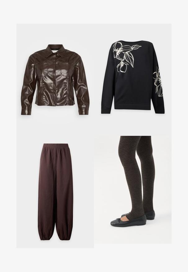 Bruine faux leren jas met een kraag, knoopsluiting, twee borstzakken en een cropped zoom. Soepele, glanzende textuur.; Zwarte longsleeve trui met een wit omlijnd bloemmotief op de schouder en mouw, met een ronde hals en geribde boorden.; Donkerbruine broek met losse pasvorm, elastische tailleband en geplooide elastische boorden bij de enkels, weergegeven op een effen lichte achtergrond.; Benen met donkere geribbelde leggings gecombineerd met zwarte ballerina's met kleine strikdetails op een witte achtergrond.