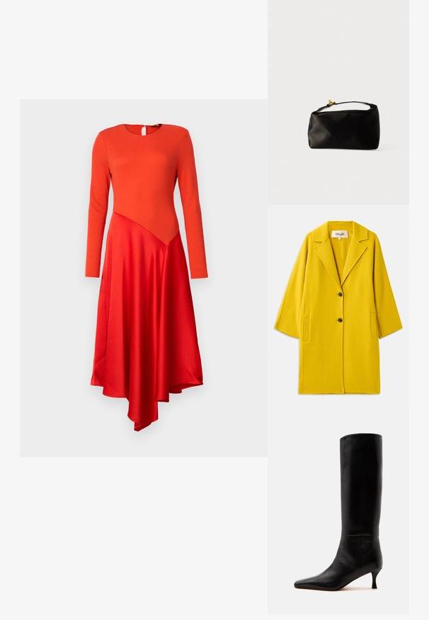 Diane von Furstenberg DIANE COAT - Klassisk frakke - yellow; Rød kjole med lange ærmer, en rund halsudskæring og en nøglehulryg. Har en glat top og asymmetrisk satin-nederdel med en flydende afslutning.; Høj sort læderstøvle med spids tå og lav kittenhæl vist i sideprofil på ensfarvet baggrund.; Sort satinpung med en afrundet form, et håndtag i toppen og en guldaccentlås. Glat tekstur med et minimalistisk design.