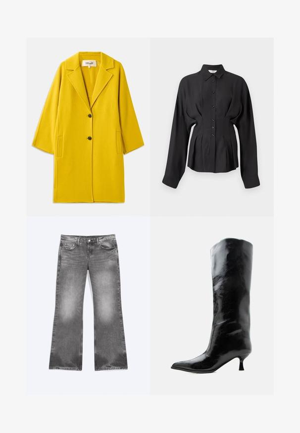 Diane von Furstenberg DIANE COAT - Klassisk frakke - yellow; Sort langærmet skjorte i et glat stof, med knaplukning foran, buet kant og rynkede detaljer i taljen for en skræddersyet pasform.; Grå falmede jeans med vide ben med knap- og lynlås lukning, for- og baglommer samt bæltestropper vist fladt.; Sort skinnende knæhøj læderstøvle med spids tå og lav buet hæl på en ensfarvet lys baggrund.