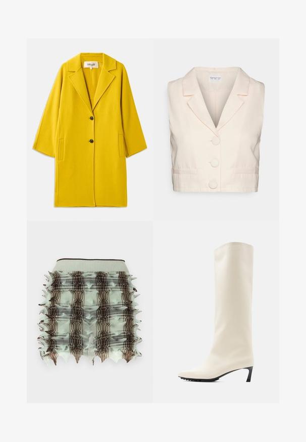 Diane von Furstenberg DIANE COAT - Klassisk frakke - yellow; Glamorous HALTER CROPPED BOXY WAISTCOAT - Top - cream; Mintgrøn rynket nederdel med et burdesign, der har brune ternede mønstre og spidse kanter. Elastisk talje for god pasform.; Knæhøj hvid støvle lavet af glat materiale med spids tå og slank sort hæl. Har et enkelt design og minimal branding.