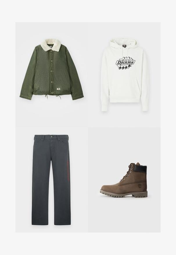 Veste vert olive avec un col en fausse fourrure crème douce, fermeture à boutons à l'avant et deux poches latérales. Cordons de serrage réglables à l'ourlet.; Sweat à capuche blanc avec un grand logo noir "Dickies", doté d'une capuche à cordon, d'une poche kangourou et de poignets et ourlet côtelés. Texture douce.; Pantalon gris en mélange de coton, avec une coupe droite, des poches avant et un logo rouge brodé sur le côté gauche.; Bottines en cuir marron avec un col noir, œillets en métal et semelle grise robuste. Comprend un logo sur le côté et des détails cousus.