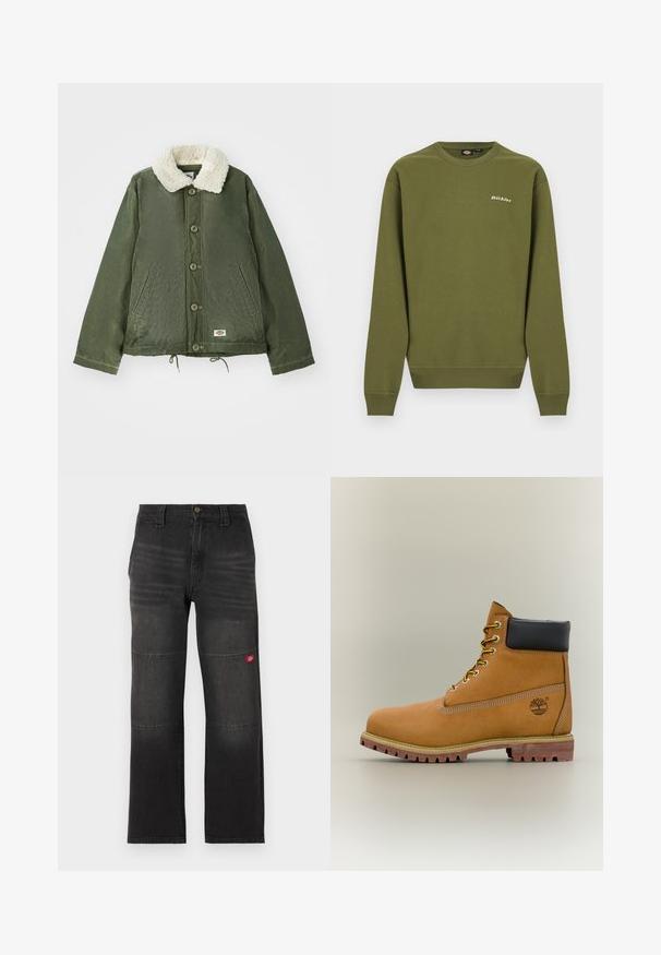 Olivengrøn jakke med en blød, cremfaux shearling krave, frontlukning med knapper og to sidelommer. Justerbar snøre i kanten.; Olivengrøn crewneck-trøje med lange ærmer, ribbede manchetter og kant samt lille hvidt "Dickies"-logo på venstre bryst.; Sorte denim arbejdssbukser med dobbelte knæpaneler og et lille rødt logo på højre ben, lige snit og linning med knaplukning.; Brun læderankelstøvle med sort krave, gule snørebånd og tanfarvet sål. Har logo og hvide syninger som detalje. Robust ydersål med greb.