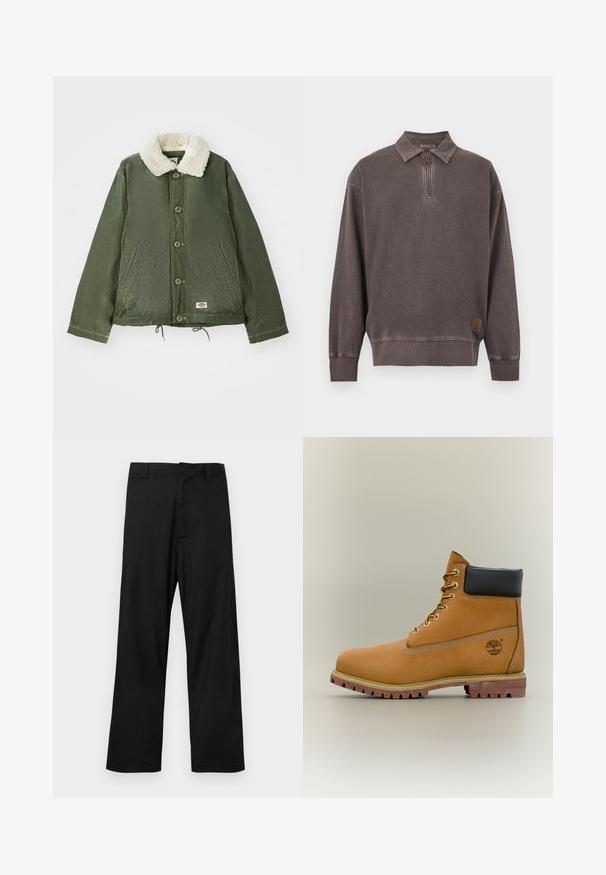 Ελαιοπράσινο μπουφάν με μαλακό, κρεμ faux shearling γιακά, μπροστινό κλείσιμο με κουμπιά και δύο πλαϊνές τσέπες. Ρυθμιζόμενο κορδόνι στο τελείωμα.; Μακρυμάνικο σκούρο γκρι πουλόβερ με φερμουάρ τετάρτου μήκους και γιακά, ριμπ μανσέτες και τελείωμα, και μικρό λογότυπο κοντά στο κάτω τελείωμα.; Μαύρο παντελόνι με ίσια γραμμή, κλείσιμο με κουμπί και φερμουάρ, θηλιές για ζώνη, απλωμένο επίπεδο πάνω σε ανοιχτό υπόβαθρο.; Καφέ δερμάτινο μποτάκι αστραγάλου με μαύρο γιακά, κίτρινα κορδόνια και ταμπά σόλα. Διαθέτει λογότυπο και λευκή ραφή για λεπτομέρεια. Ανθεκτική εξωτερική σόλα με τραχύ πέλμα.