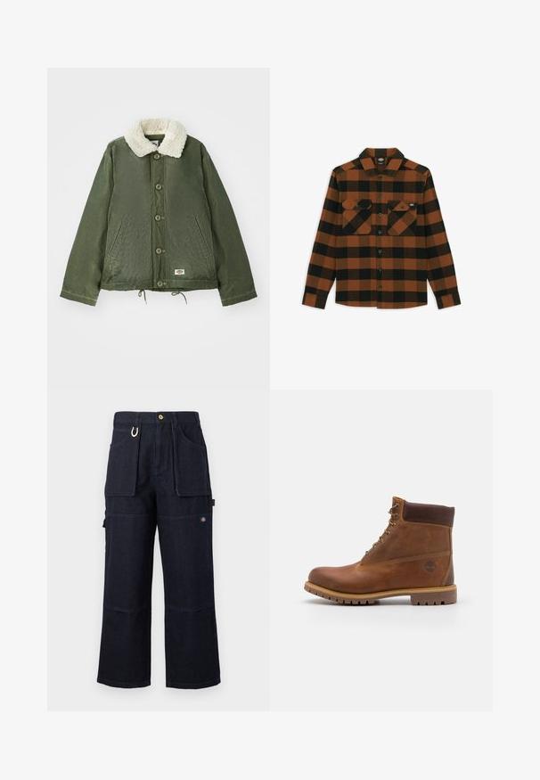 Olivengrøn jakke med en blød, cremfaux shearling krave, frontlukning med knapper og to sidelommer. Justerbar snøre i kanten.; Langærmet skjorte i orange og sort ternet mønster, lavet af et tekstureret stof. Har to brystlommer og knaplukning foran.; Mørkeblå vidde bukser i denim til arbejde med store lommer foran og på siden, knaplukning og lille logopatch på låret.; Brun læder vandrestøvle med en glat finish, polstret ankel, metalliske snørehuller og en gummisål med et robust dækmønster.